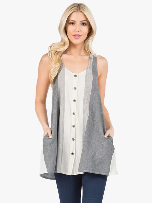 Hand Loomed Cotton Button Down Tank Top with Pockets