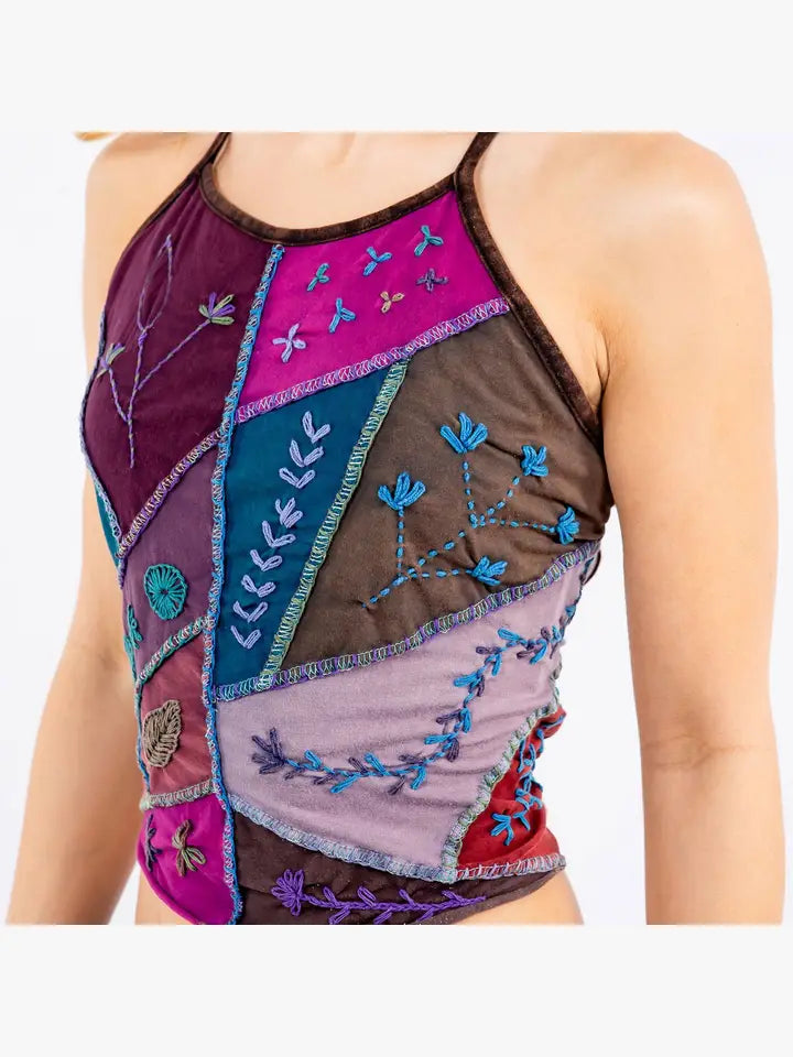 Cotton Patchwork Halter Top with Embroidery