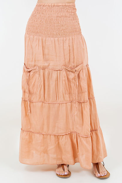 Cotton Pleated Long Skirt with Pockets